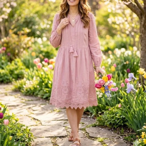 Soft Pink Long-Sleeve Midi Dress with Tassel Waist - Picture 3 of 8